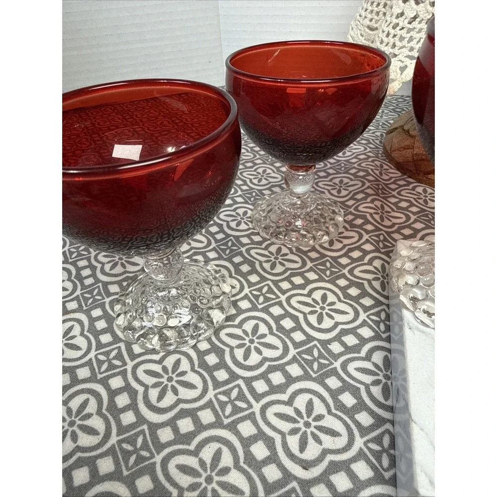 Vintage Set 8 Anchor Hocking Bubble Stem Champagne Sherbet Glasses Ruby Red 3.5